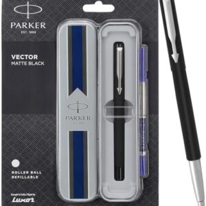 Parker Vector Matte Black Chrome Trim | Roller Ball Pen | Ink Color : Blue