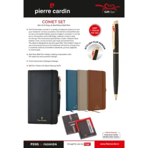 Pierre Cardin Comet Pen Gift | Premium Ball Pen Glossy Black with Gold Trim & Leather Cover Diary