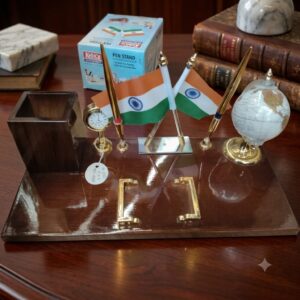 Kebica Compartments wooden Model PS- 2900 Pen stand with Globe And Flag